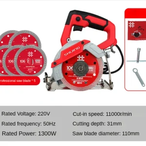 Shijing 9320 Electric Circular Saw for Stone Marble Brick Wood Cutting Machine CeramicTile Cutter with 5 Original Blades – saw x 5 red blades