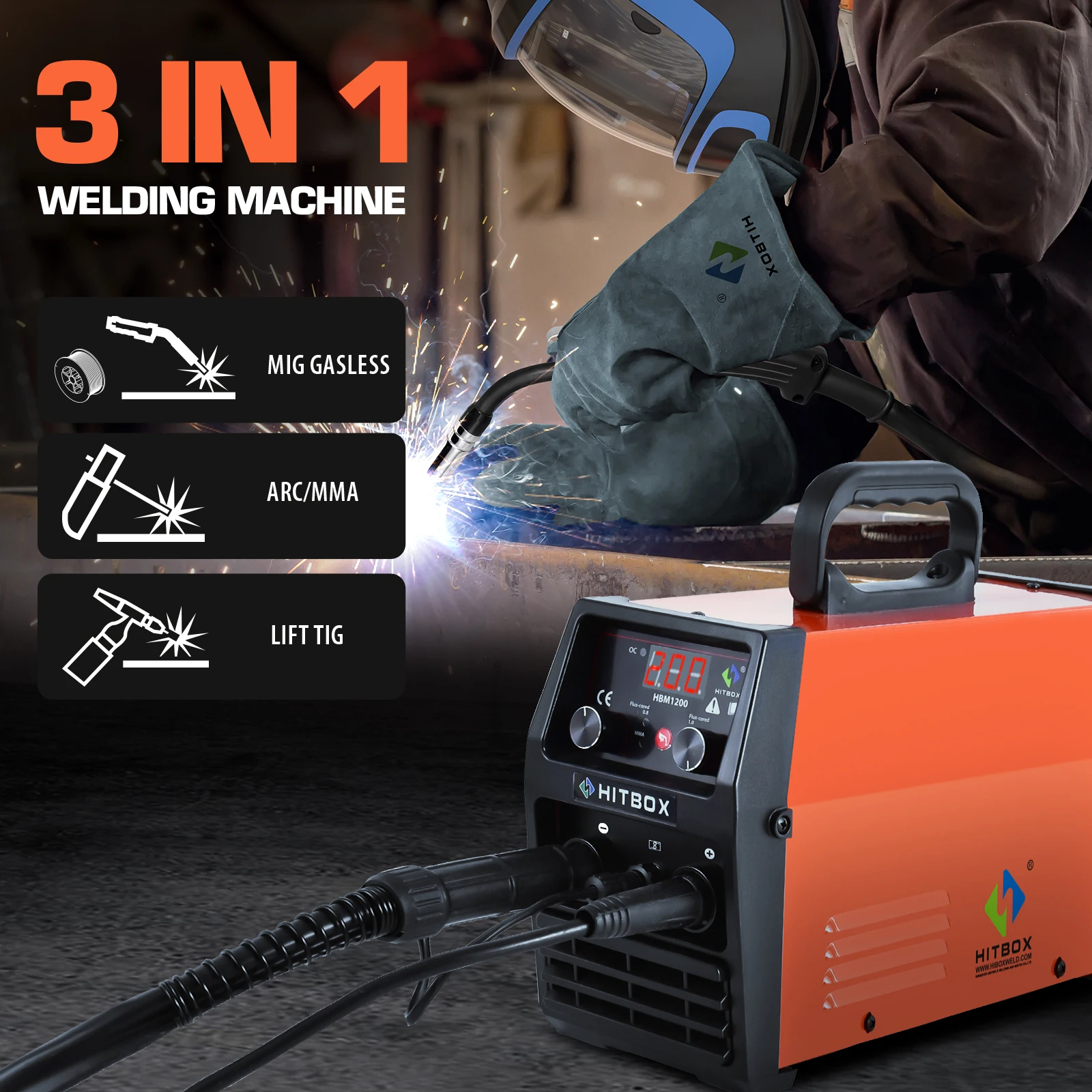 Hitbox Semi-Automatic Welding Machine 3 In 1 Tig Argon Arc Mig Inverter Welding Machine 110V 220V Gas-Less Hbm1200 Hitbox Semi-Automatic Welding Machine 3 In 1 Tig Argon Arc Mig Inverter Welding Machine 110V 220V Gas-Less Hbm1200